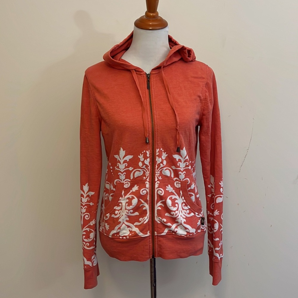 Prana Full Zip Coral Hoodie with White Scroll Print Size Medium